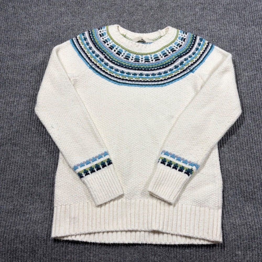 LOFT Sweater Womens M Fair Isle Crewneck Sweater Cream Blue Green Size Medium